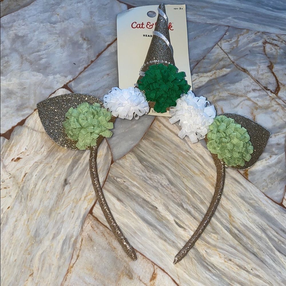 Cat & Jack Girls Gold Glitter Unicorn Headband Green White Floral 217 07 3191